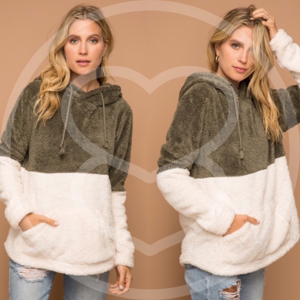 04 Cozy Olive Color Block Pockets Hoodie Pullover Sweater - Picture 1 of 2